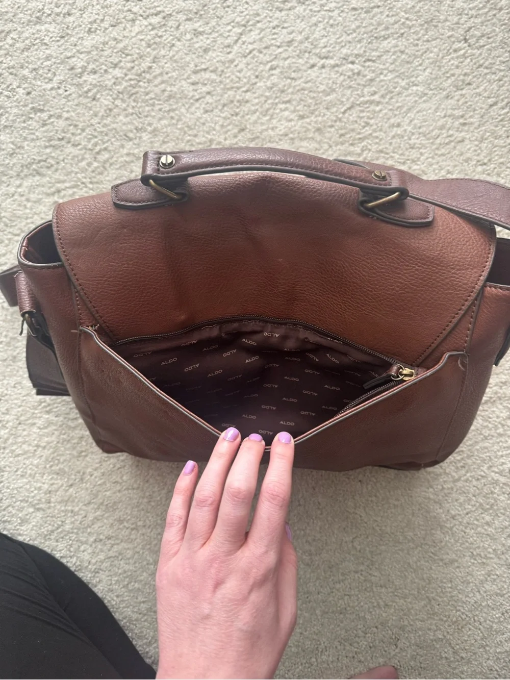 ALDO Men's Dark Brown Leather Messenger Bag with Adjustable Strap